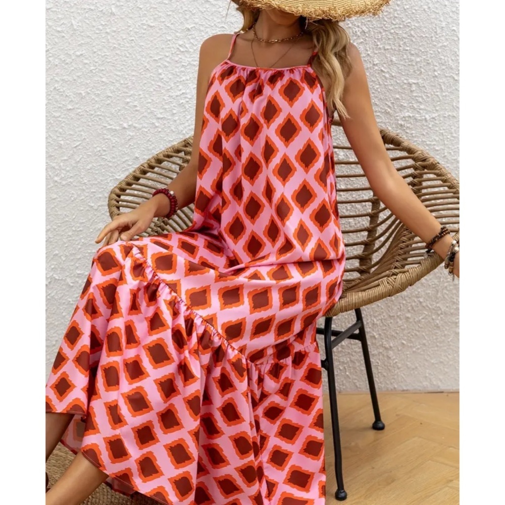 Women’s Pink Geometric Maxi Dress - Sleeveless Summer Dress - Picture 6 of 6